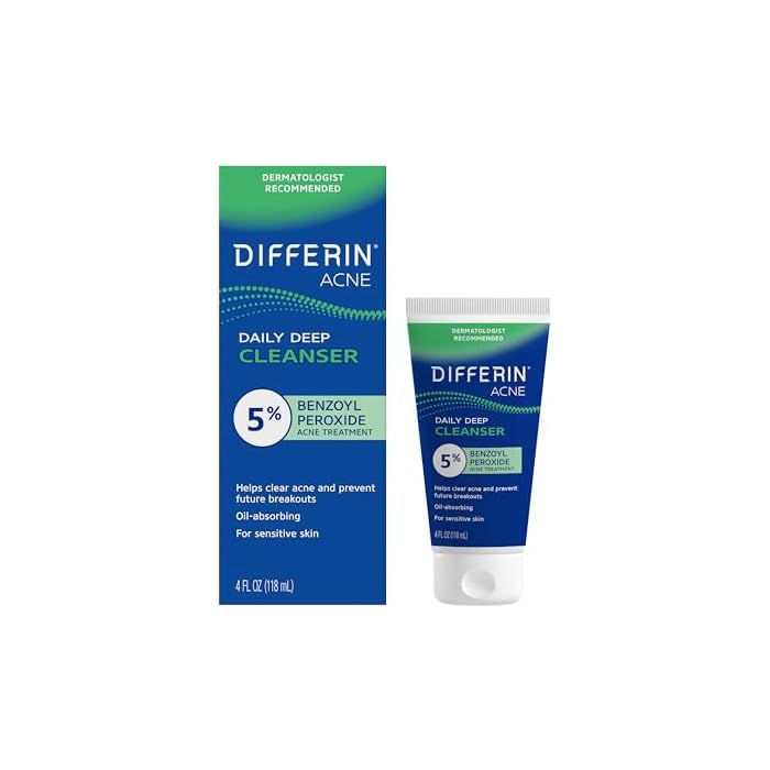 Differin Acne Face Wash with 5% Benzoyl Peroxide, Daily Deep Cleanser by the makers of Differin Gel, Gentle Skin Care for Acne Prone Sensitive Skin, 4 oz (Packaging May Vary)