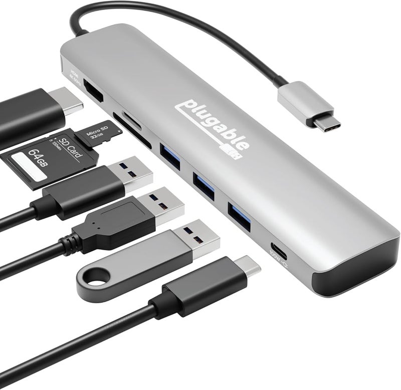 بلاج آبل محور USB-C من Plugable 7 في 1، محور USB-C متوافق مع Mac وWindows وChromebook وUSB4 وThunderbolt 4 والمزيد (HDMI بدقة 4K، 3 منافذ USB 3.0، قارئ بطاقات SD وmicroSD، شحن بقوة 87 واط) - Image 1