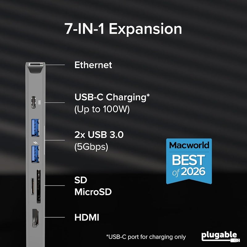 بلاج آبل محور USB-C من Plugable 7 في 1، محور USB-C متوافق مع Mac وWindows وChromebook وUSB4 وThunderbolt 4 والمزيد (HDMI بدقة 4K، 3 منافذ USB 3.0، قارئ بطاقات SD وmicroSD، شحن بقوة 87 واط) - Image 2