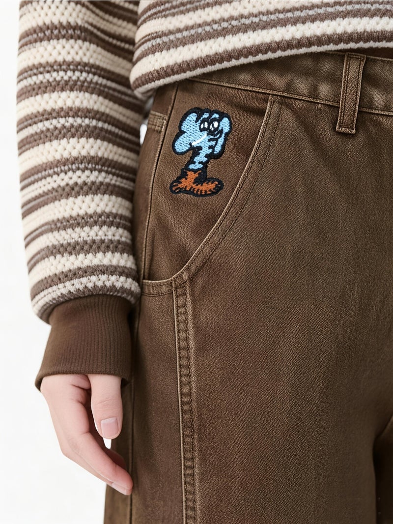 Unisex American Retro Men'S Brown Casual Loose Wide-Leg Jeans, Cartoon Elephant Embroidery Denim Pants - Image 2