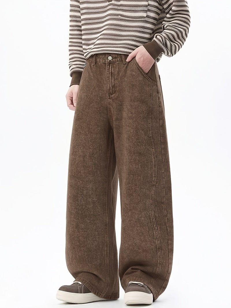 Unisex American Retro Men'S Brown Casual Loose Wide-Leg Jeans, Cartoon Elephant Embroidery Denim Pants - Image 5