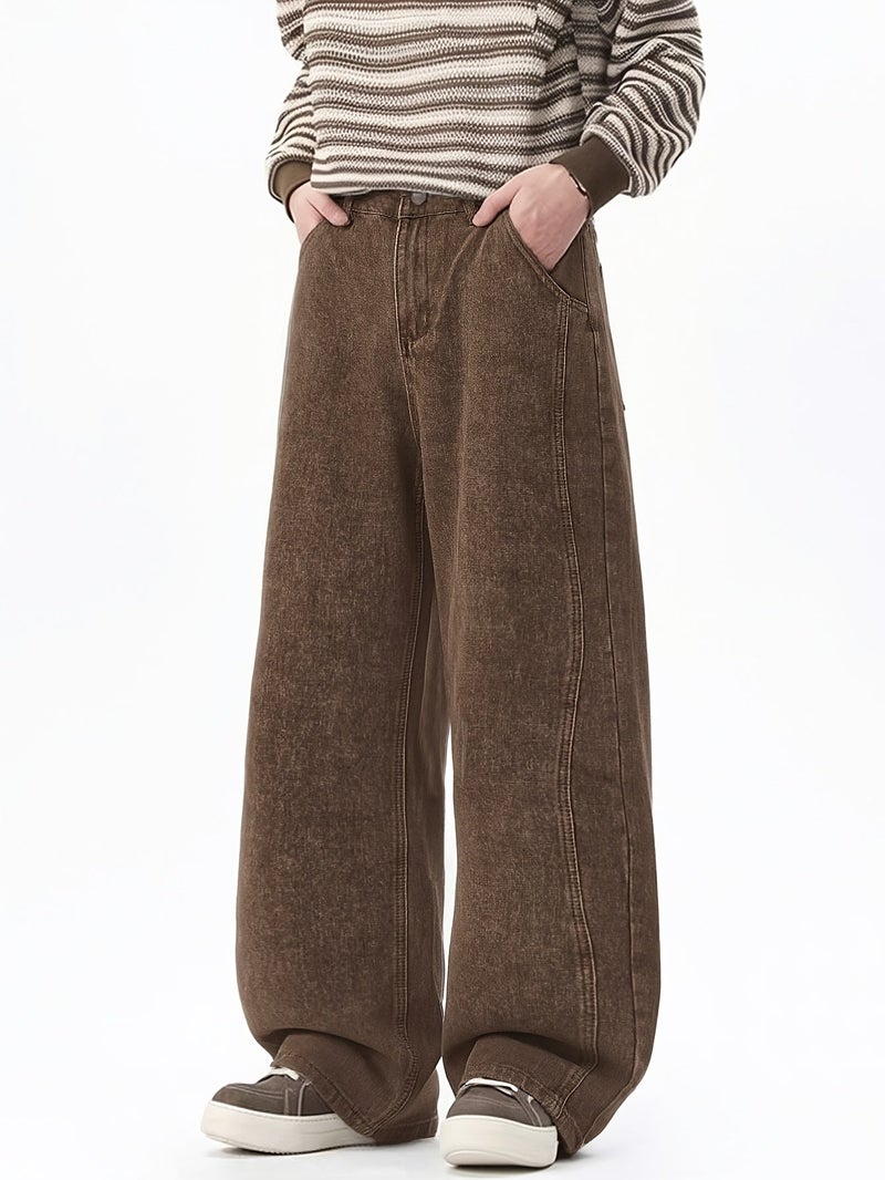 Unisex American Retro Men'S Brown Casual Loose Wide-Leg Jeans, Cartoon Elephant Embroidery Denim Pants - Image 3