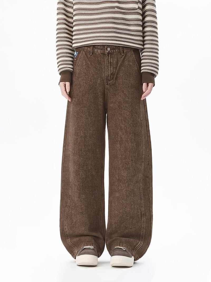 Unisex American Retro Men'S Brown Casual Loose Wide-Leg Jeans, Cartoon Elephant Embroidery Denim Pants - Image 4