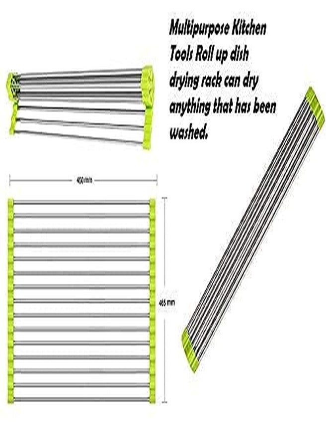 KREZON Stainless Steel Foldable Roll-up Kitchen Sink Crockery Vegetable Wash Utensils Drain Rack Dish Drying Rack, Fruit Vegetable Wash Stand Drain Board Colander Mat and Dry Dishes Organizer - Image 3