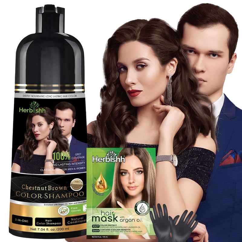 Herbishh Chestnut Brown Shampoo Hair Dye Shampoo 3 in 1 100 Grey Coverage DemiPermanent Hair Color for Men Women Longlasting Color in 2025 Mins Ammoniafree 200 ml - Image 2