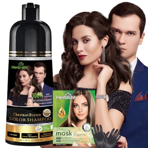 Herbishh Chestnut Brown Shampoo Hair Dye Shampoo 3 in 1 100 Grey Coverage DemiPermanent Hair Color for Men Women Longlasting Color in 2025 Mins Ammoniafree 200 ml - Image 1