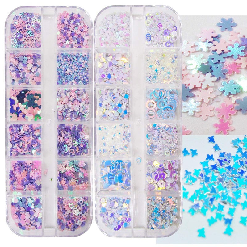 LuckForever 2 Boxes Chunky Glitter Flakes Heart Star Clover Leaf Snowflake Iridescent Blue Glitter Sequins Charms Resin Slime Crafts Nail Art Decor