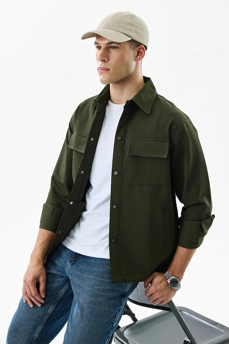 SNITCH Olive Green Textured Long Sleeve Relaxed Overshirt