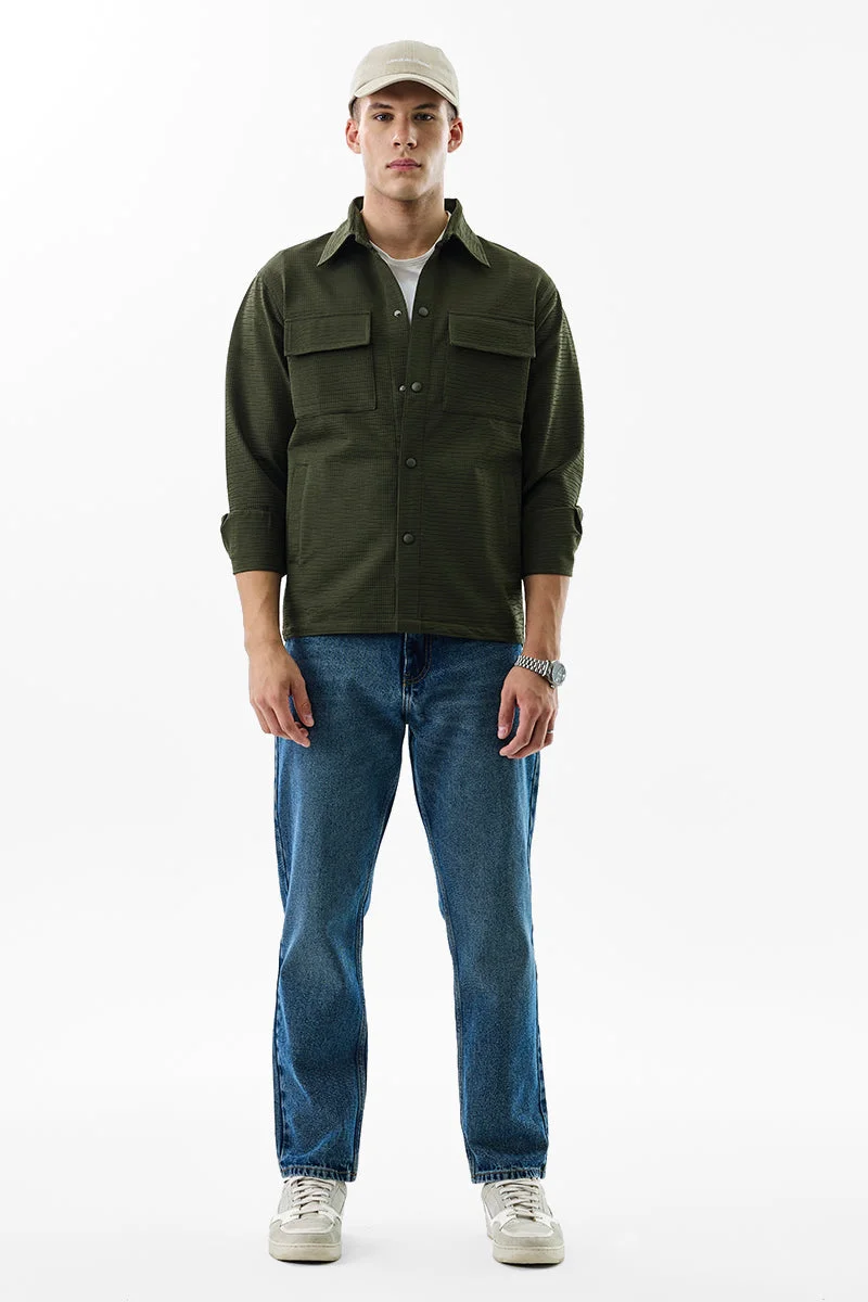 SNITCH Olive Green Textured Long Sleeve Relaxed Overshirt