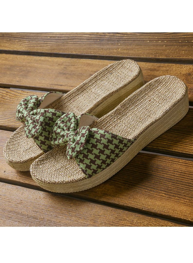 Loquat Women's Bowknot Thick Soled Flax Slippers Non Slip Linen Indoor Slippers Open Toe Green Brown 