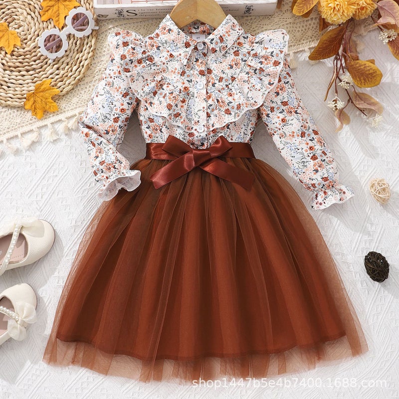 New Girls Big Boy Long Sleeve Lel Floral Printed Mesh dress Woven Belt BN 