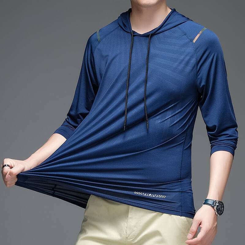 Hooded Long-Sleeved Ice Silk T-Shirt Men's Spring and Summer New Quality T-Shirt Men's Breathable Sports Elastic T-Shirt Men's - Image 5