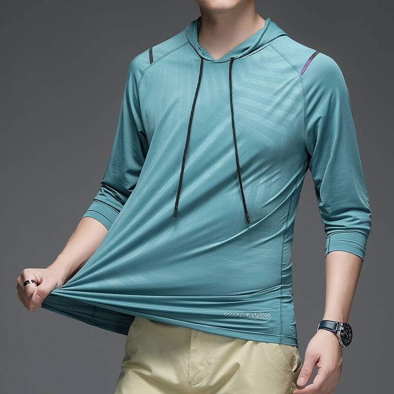 Hooded Long-Sleeved Ice Silk T-Shirt Men's Spring and Summer New Quality T-Shirt Men's Breathable Sports Elastic T-Shirt Men's - Image 4
