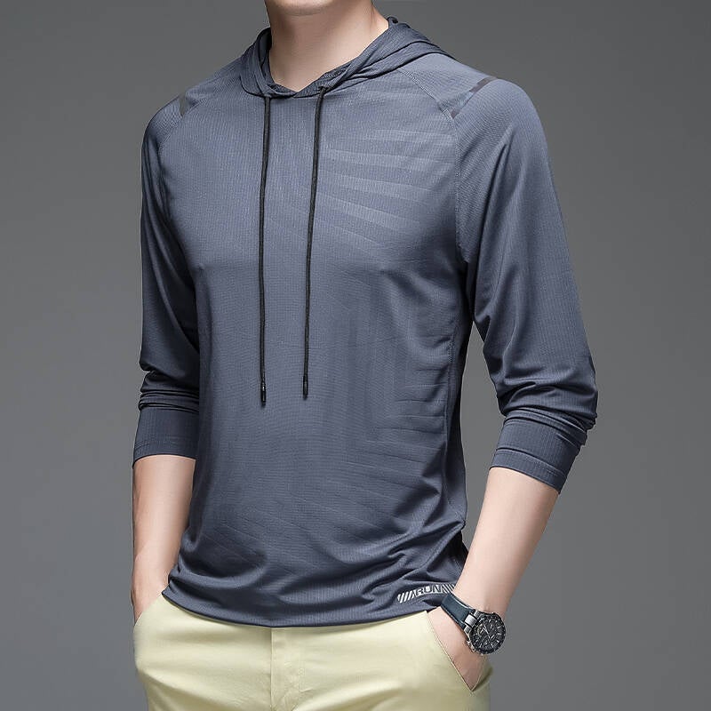 Hooded Long-Sleeved Ice Silk T-Shirt Men's Spring and Summer New Quality T-Shirt Men's Breathable Sports Elastic T-Shirt Men's - Image 1