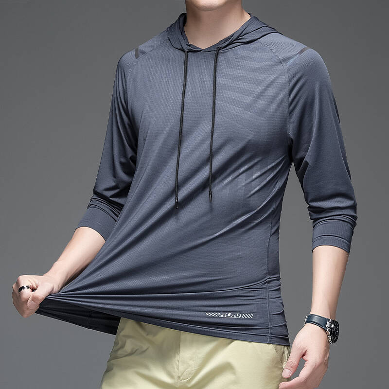 Hooded Long-Sleeved Ice Silk T-Shirt Men's Spring and Summer New Quality T-Shirt Men's Breathable Sports Elastic T-Shirt Men's - Image 2