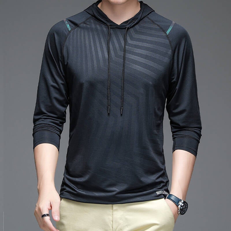 Hooded Long-Sleeved Ice Silk T-Shirt Men's Spring and Summer New Quality T-Shirt Men's Breathable Sports Elastic T-Shirt Men's - Image 3