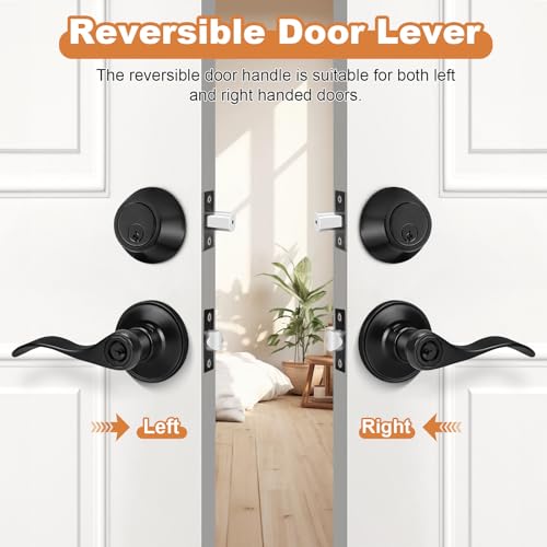 Probrico Front Door Entry Lever Lockset, Single Cylinder Deadbolt Combination Set, Flat Black Finish Keyed Alike Combo, Reversible for Right and Left Side 1Pack - Image 5