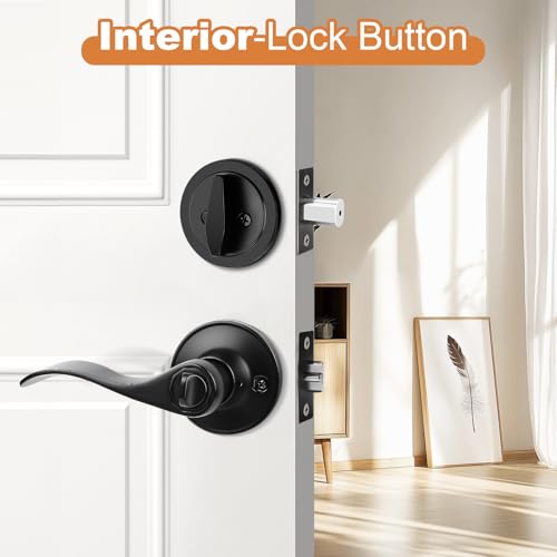 Probrico Front Door Entry Lever Lockset, Single Cylinder Deadbolt Combination Set, Flat Black Finish Keyed Alike Combo, Reversible for Right and Left Side 1Pack - Image 2