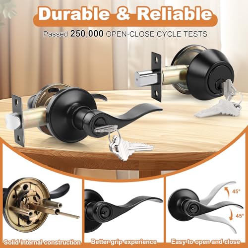 Probrico Front Door Entry Lever Lockset, Single Cylinder Deadbolt Combination Set, Flat Black Finish Keyed Alike Combo, Reversible for Right and Left Side 1Pack - Image 4