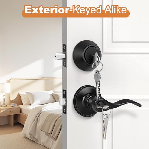 Probrico Front Door Entry Lever Lockset, Single Cylinder Deadbolt Combination Set, Flat Black Finish Keyed Alike Combo, Reversible for Right and Left Side 1Pack - Image 3