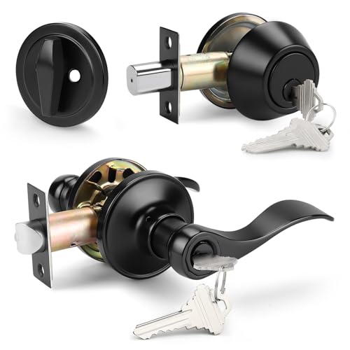 Probrico Front Door Entry Lever Lockset, Single Cylinder Deadbolt Combination Set, Flat Black Finish Keyed Alike Combo, Reversible for Right and Left Side 1Pack - Image 1