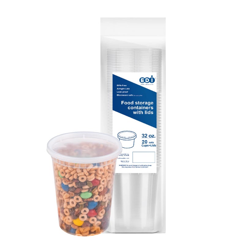 EDI [32 OZ, 20 Sets] Plastic Deli Food Storage Containers with Airtight Lids | Microwave-, Freezer-, Dishwasher-Safe | BPA Free | Heavy-Duty | Meal Prep | Leakproof | Recyclable - Image 1