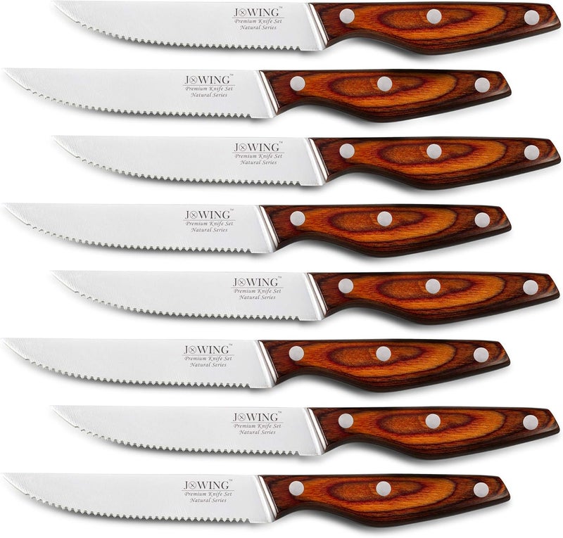 JXWING Professional 8-Piece German High Carbon Stainless Steel Steak Knife Set, Premium Full Tang Steak Knives with Pakkawood Handle - Image 1
