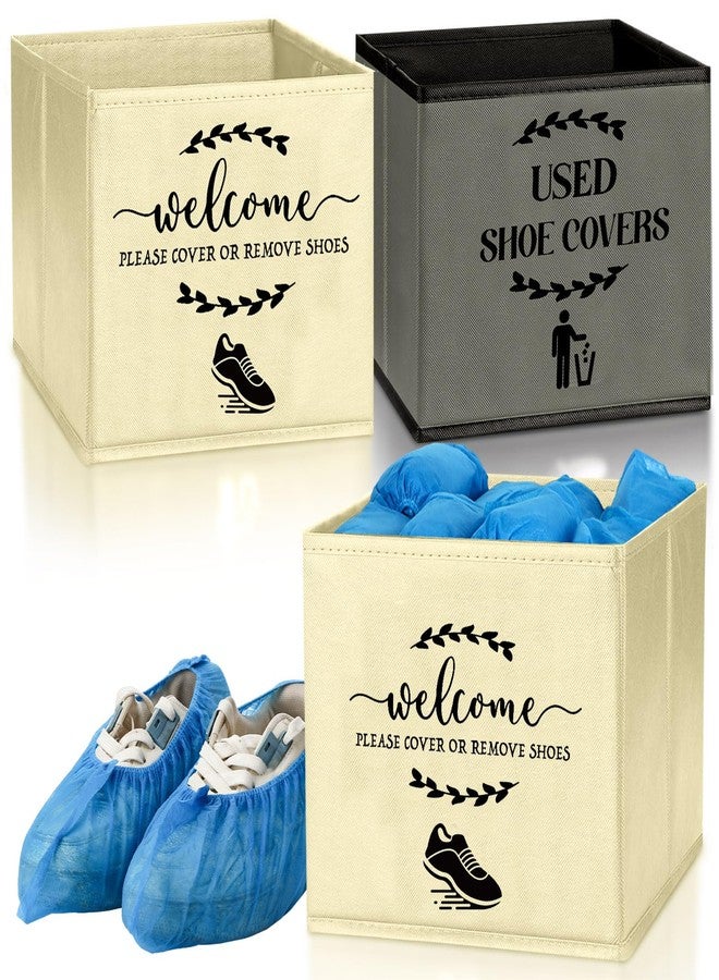 Singhoow 2 Pcs Shoe Cover Boxes Foldable Storage Bins Shoe Covers Dispenser with Used Shoe Covers and Welcome Please Cover or Remove Shoes Sign for Open House Supplies(Dark Gray, Beige) - Image 1