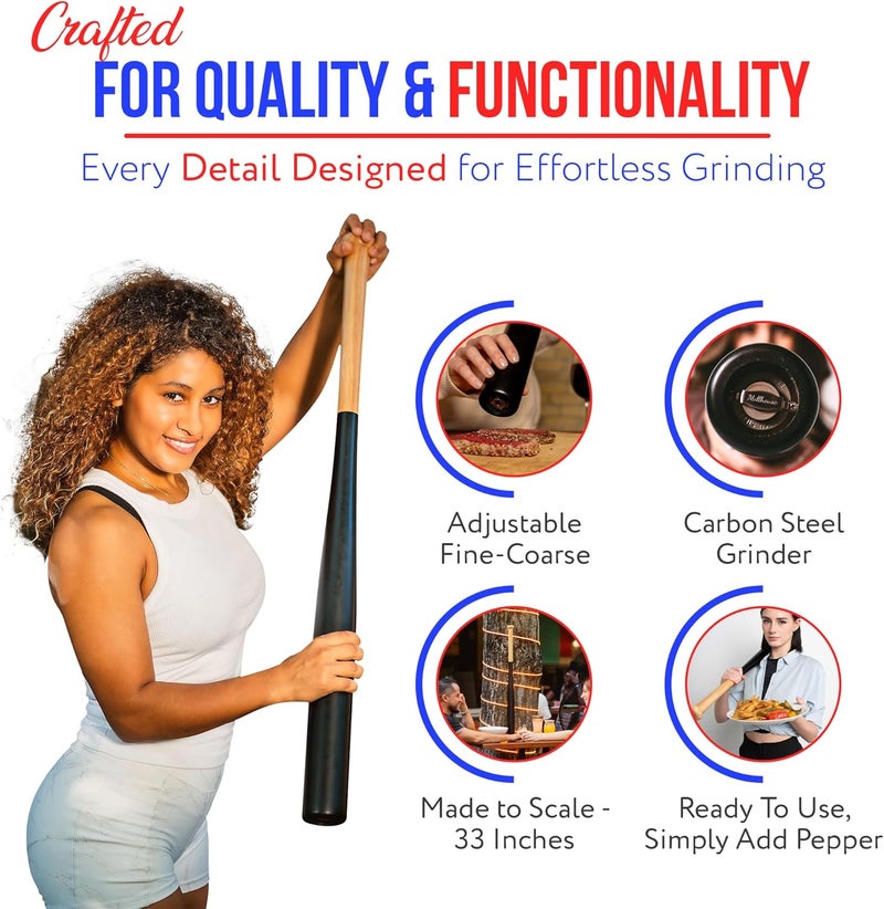 Millhouse Baseball Bat Pepper Grinder – Manual, 33 Inches, Fine To Coarse Adjustable, Carbon Steel Mechanism, Refillable Mill in Baseball Bat Design, Unique Gift for Baseball Players, Birthdays, Foodies & BBQ's - Image 3