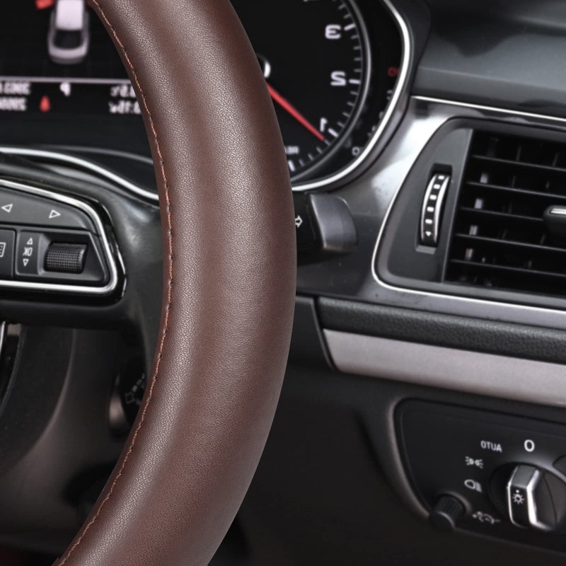 Haokay Heavy Duty Pure Cowhide Steering Wheel Cover, Genuine Leather Steering Cover Brown Leather Steering Wheel Cover with 15 Inches Universal Fit (Brown-1) - Image 3