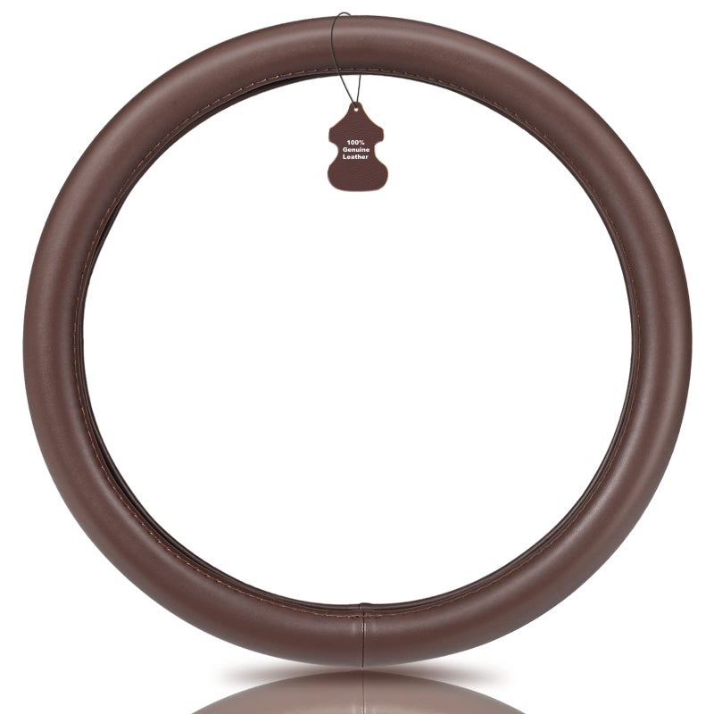 Haokay Heavy Duty Pure Cowhide Steering Wheel Cover, Genuine Leather Steering Cover Brown Leather Steering Wheel Cover with 15 Inches Universal Fit (Brown-1) - Image 2