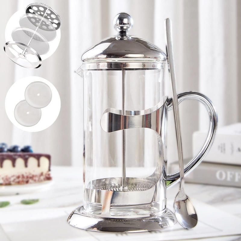DUJUST Silver French Press Coffee Maker Luxury Design French Coffee Press with 4Level Filter System HighGrade Glass for Hot  Cold Resistance Include Long Size 304 Stainless Steel Spoon  34oz