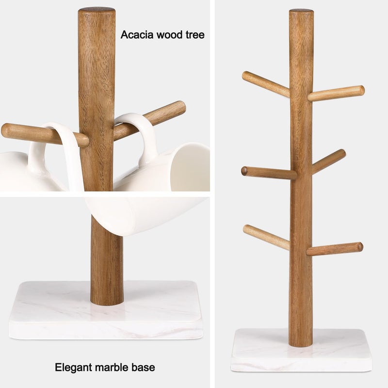 Buruis Wood Mug Holder, Marble Base Cup Rack Tree, Cup Stand Hanger, Kitchen Coffee Mug Tree Countertop Tea Cups Holder Stand, Coffee Mugs Dryer with 6 Hooks, White - Image 3