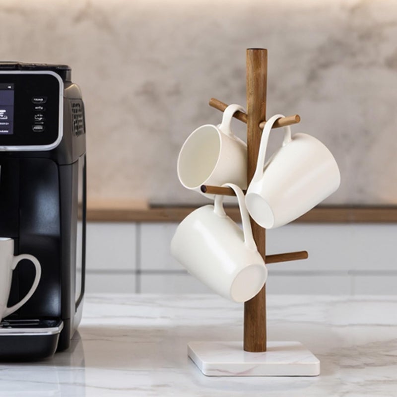 Buruis Wood Mug Holder, Marble Base Cup Rack Tree, Cup Stand Hanger, Kitchen Coffee Mug Tree Countertop Tea Cups Holder Stand, Coffee Mugs Dryer with 6 Hooks, White - Image 2