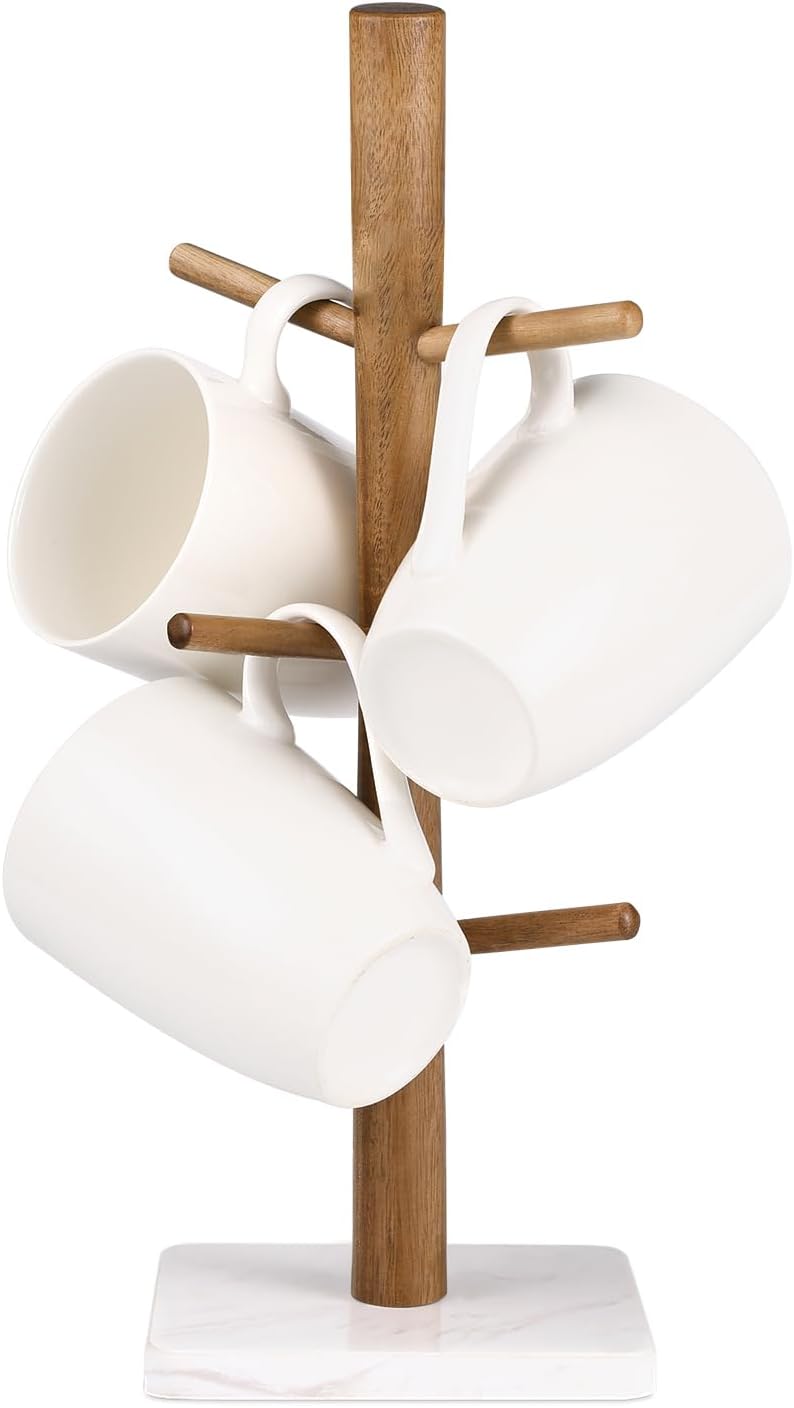 Buruis Wood Mug Holder, Marble Base Cup Rack Tree, Cup Stand Hanger, Kitchen Coffee Mug Tree Countertop Tea Cups Holder Stand, Coffee Mugs Dryer with 6 Hooks, White - Image 1