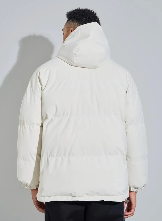 Styli  White Solid Hooded Oversized Puffer Jacket for Men | Best Price UAE
