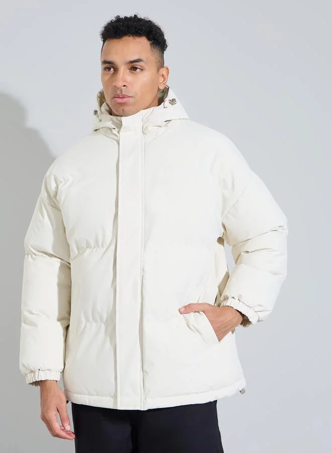 Styli  White Solid Hooded Oversized Puffer Jacket for Men | Best Price UAE