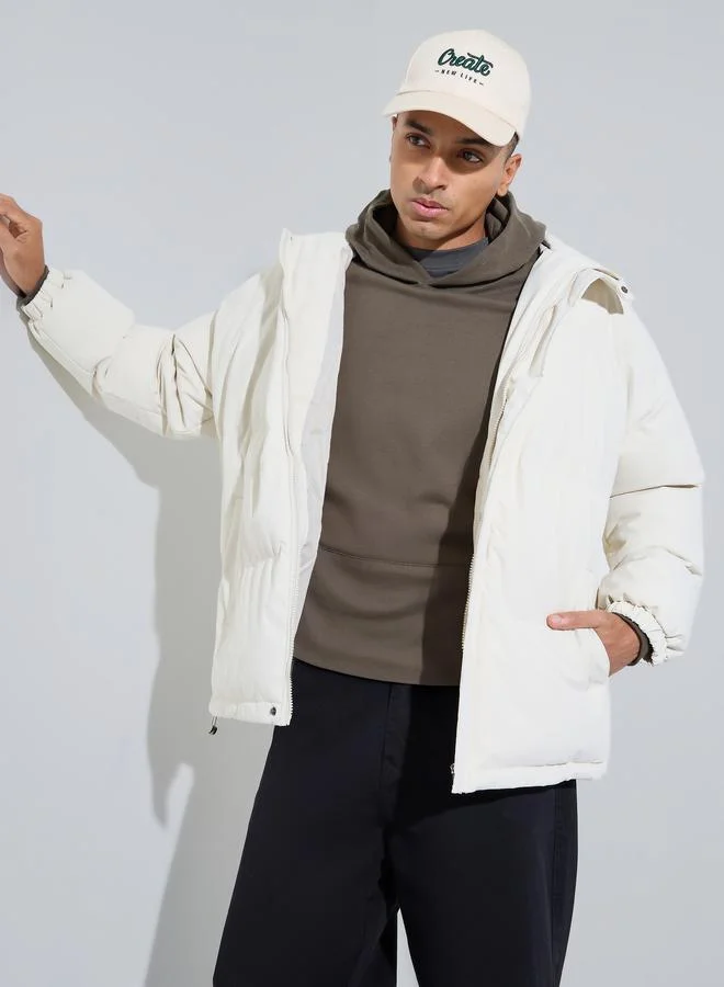 White Solid Hooded Oversized Puffer Jacket