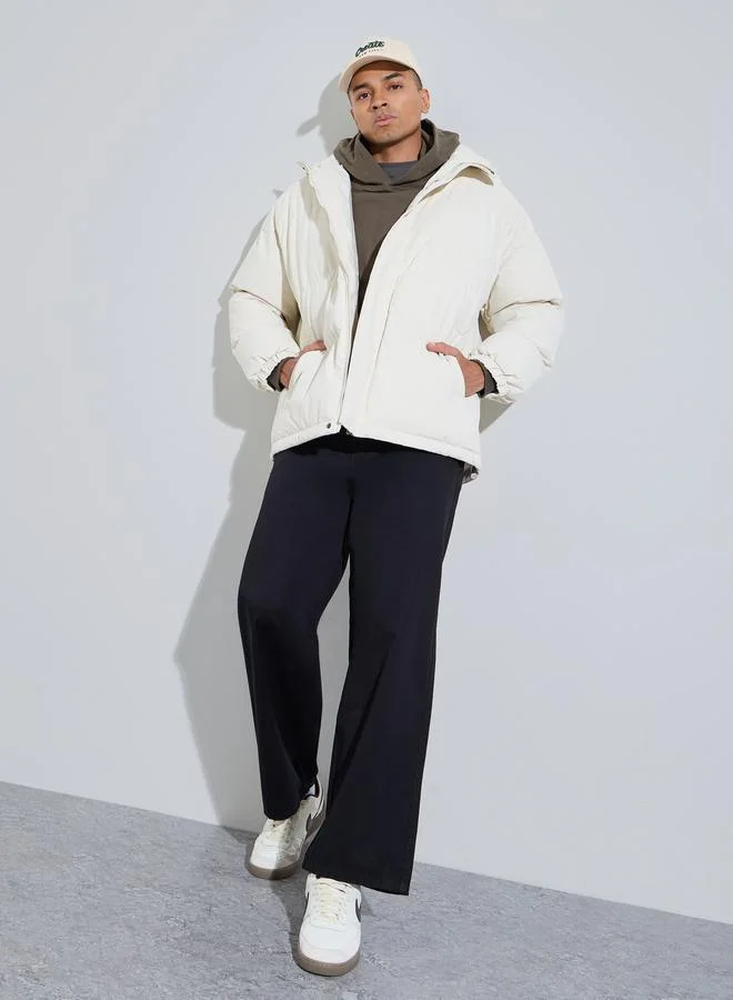 Styli  White Solid Hooded Oversized Puffer Jacket for Men | Best Price UAE
