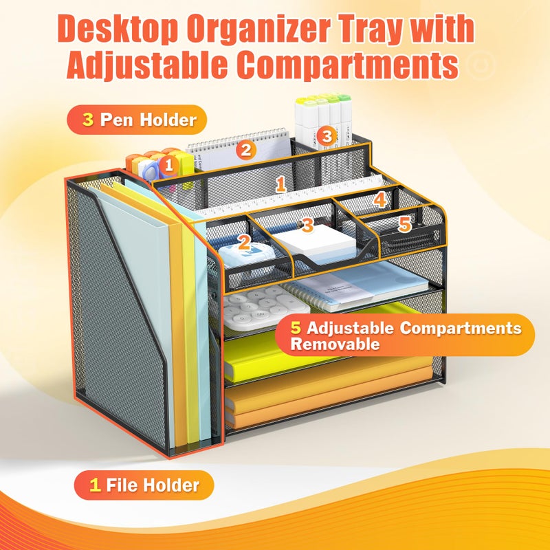 Docnest 4 Tier Mesh Desk Organizer with File Holder â€“ Multi-Functional Paper Letter Tray with 5 Adjustable Compartments, 3 Pen Holders, Desktop Storage for Files, Mail, Stationery â€“ Black - Image 4
