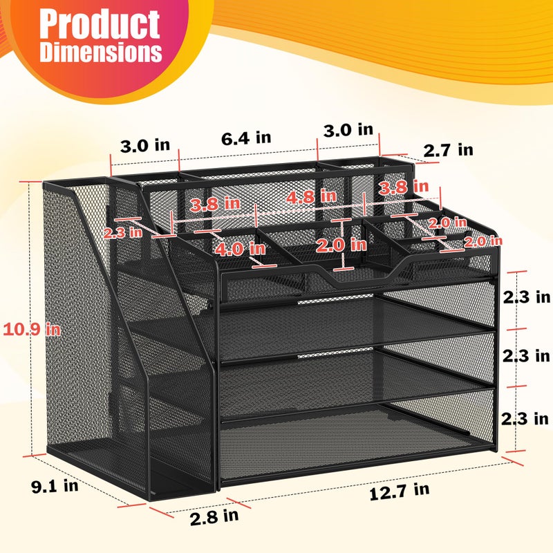Docnest 4 Tier Mesh Desk Organizer with File Holder â€“ Multi-Functional Paper Letter Tray with 5 Adjustable Compartments, 3 Pen Holders, Desktop Storage for Files, Mail, Stationery â€“ Black - Image 3