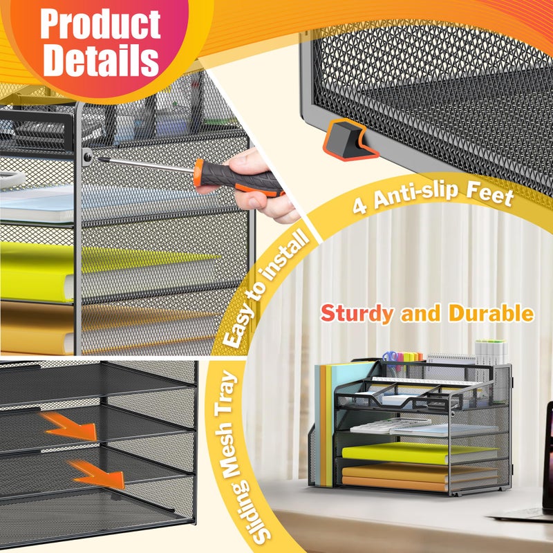 Docnest 4 Tier Mesh Desk Organizer with File Holder â€“ Multi-Functional Paper Letter Tray with 5 Adjustable Compartments, 3 Pen Holders, Desktop Storage for Files, Mail, Stationery â€“ Black - Image 5