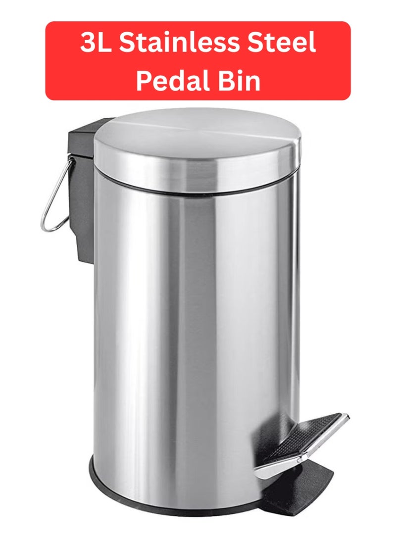 Queens Stainless Steel 3 Liter Pedal bin, Small 3 Liter Garbage Bin, Bathroom Waste Bin, Office Dust Bin Round Shape, Color: Silver, Size: H:24 8-W:17 cm - Image 1