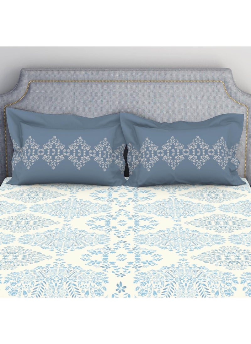 SPACES Spaces Atrium 144 TC 100 Cotton Bedsheet for Double Bed with 2 Pillow Cover Rajasthani Jaipuri Print Super Soft 88 X 100 Inches Light Blue  - Image 4