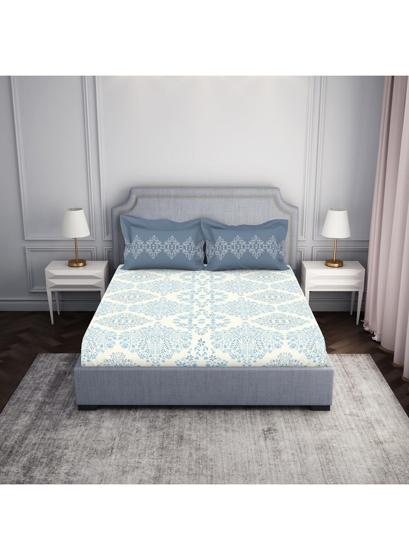 SPACES Spaces Atrium 144 TC 100 Cotton Bedsheet for Double Bed with 2 Pillow Cover Rajasthani Jaipuri Print Super Soft 88 X 100 Inches Light Blue  - Image 1