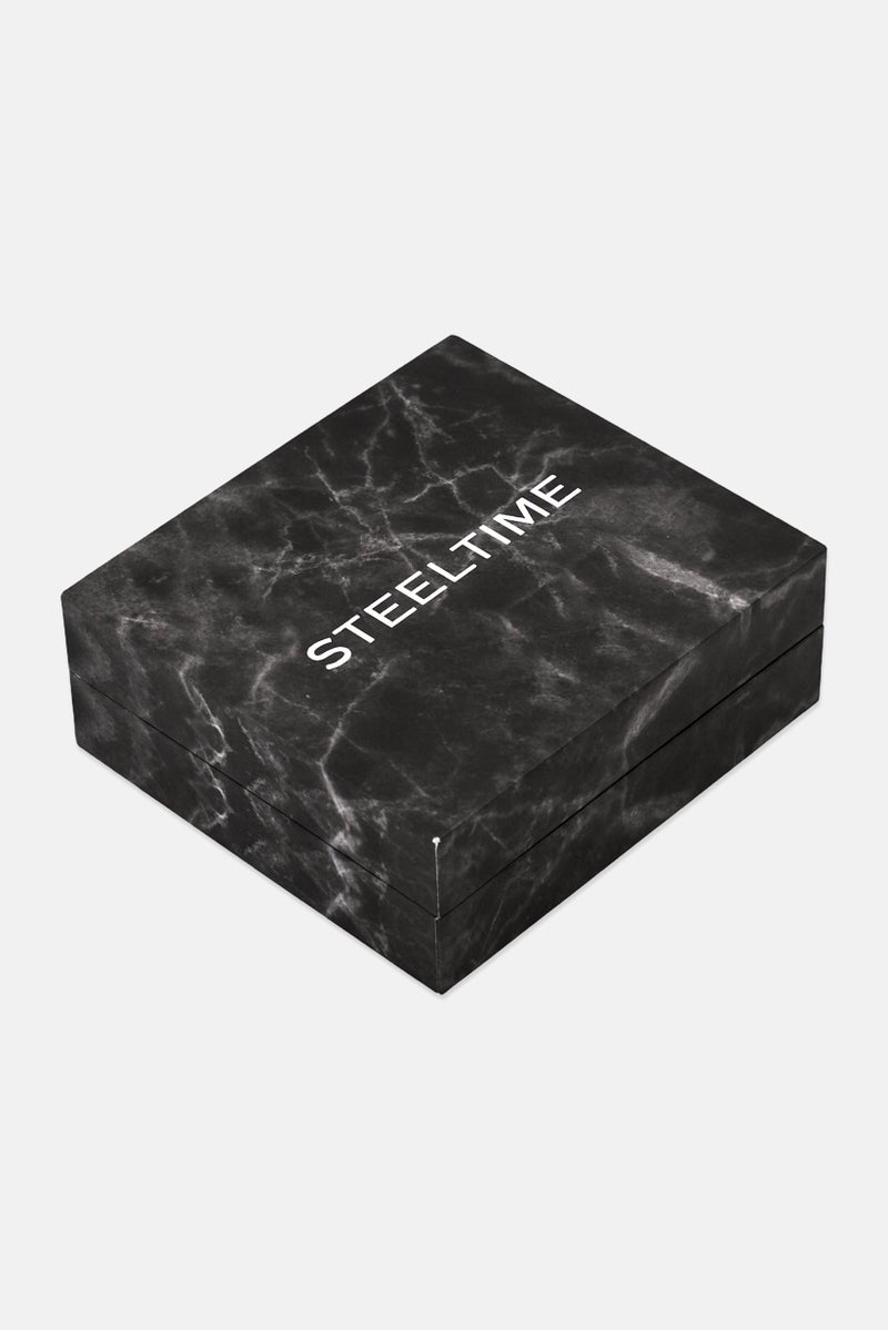 Steeltime Men Braided Leather Inlay Box Chain Bracelet, Black - Image 3