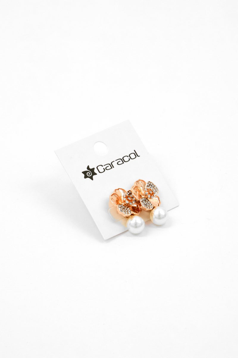 Caracol Women Flower Pearl Stud Earrings, Rose Gold/Ivory  - Image 3