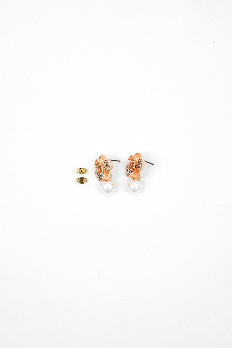 Caracol Women Flower Pearl Stud Earrings, Rose Gold/Ivory  - Image 2