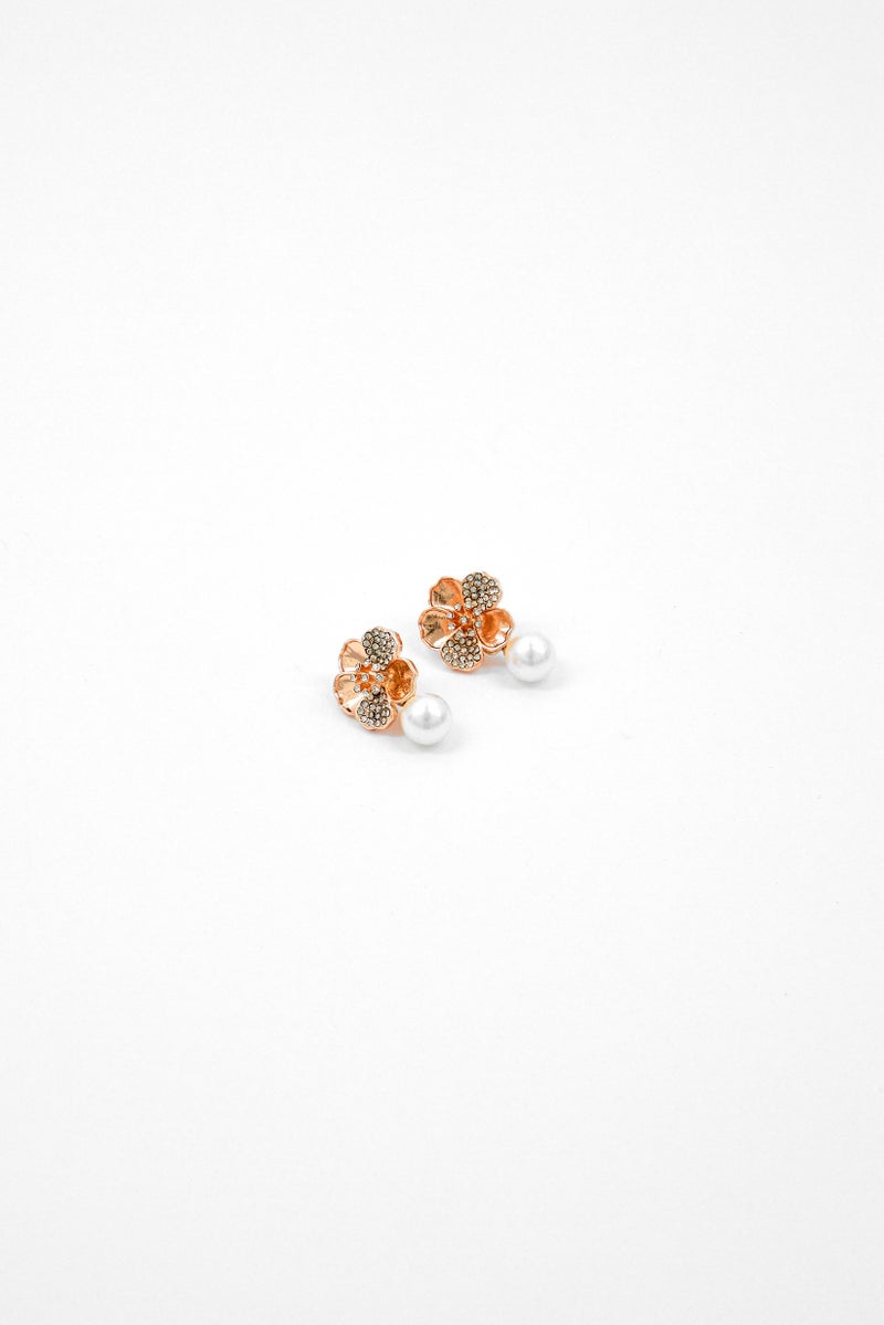 Caracol Women Flower Pearl Stud Earrings, Rose Gold/Ivory  - Image 1