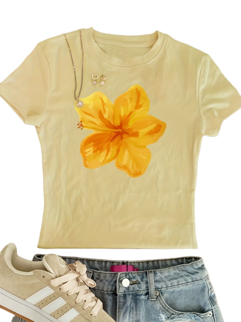 00008 - Women'S Tight Top Hibiscus Floral Print Pure Desire Korean Y2K Summer Round Neck Short Sleeve T - Shirt, Women'S Clothing QHH1315 - Light yellow 2 / XS - Image 1